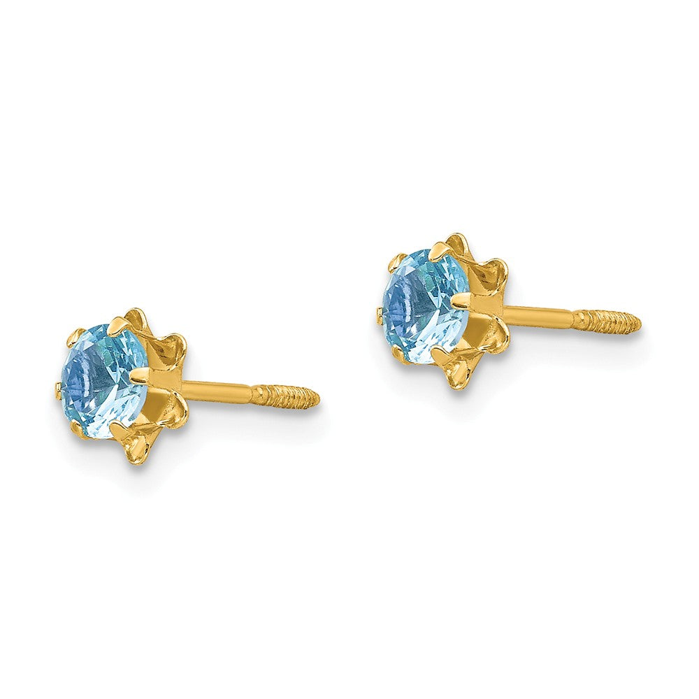 Alternate view of the Kids 14k Yellow Gold 4mm Synthetic Aquamarine Screw Back Stud Earrings by The Black Bow Jewelry Co.