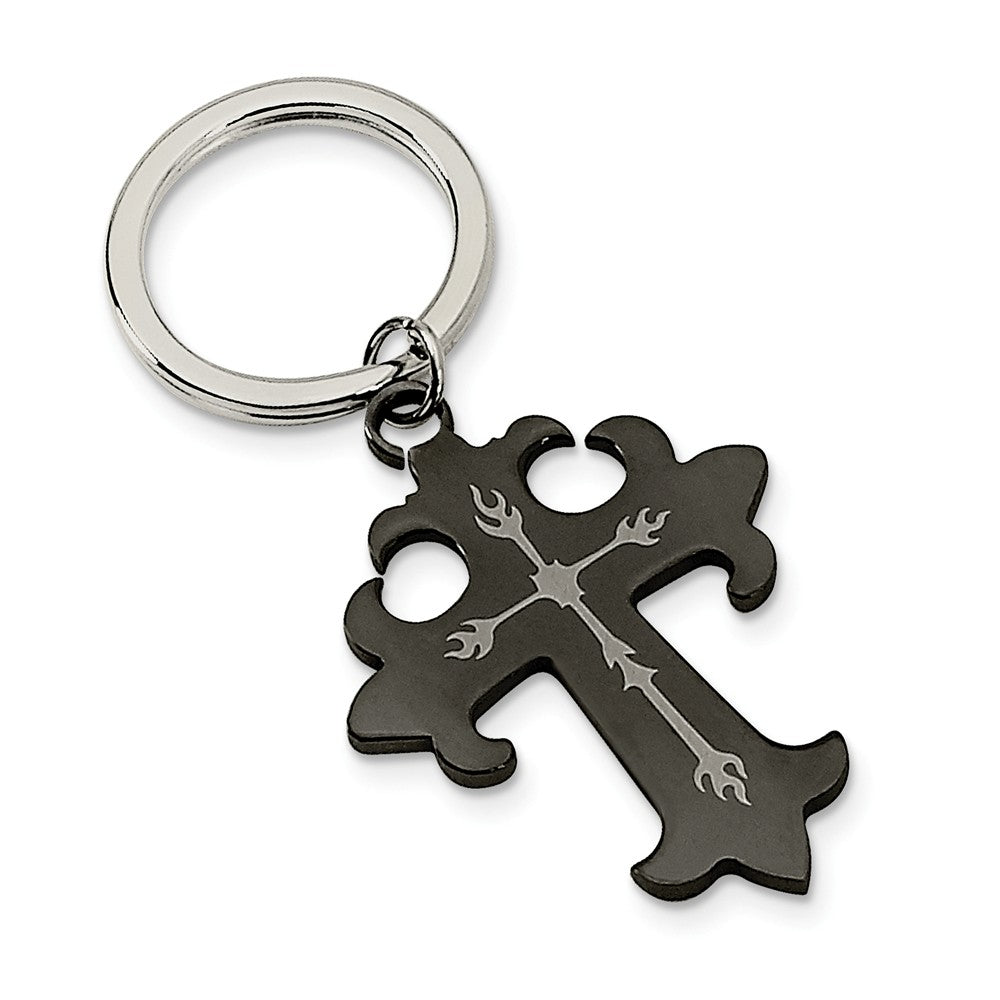 Men&#39;s Stainless Steel and Black Plated Cross Key Chain, Item K8010 by The Black Bow Jewelry Co.
