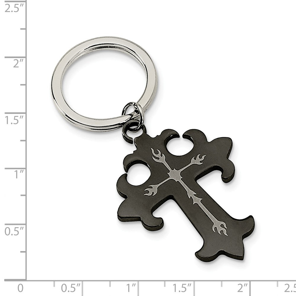 Alternate view of the Men&#39;s Stainless Steel and Black Plated Cross Key Chain by The Black Bow Jewelry Co.