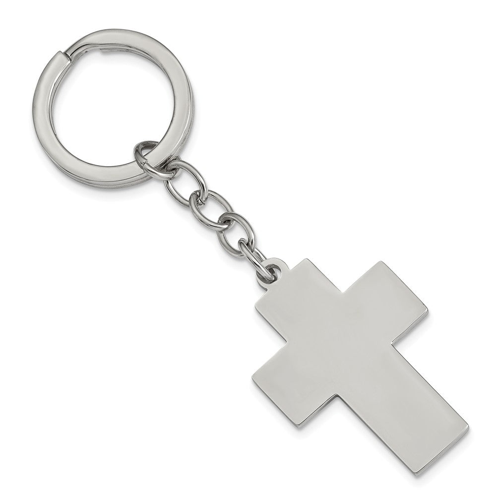 Engravable Polished Cross Key Chain in Stainless Steel, Item K8024 by The Black Bow Jewelry Co.