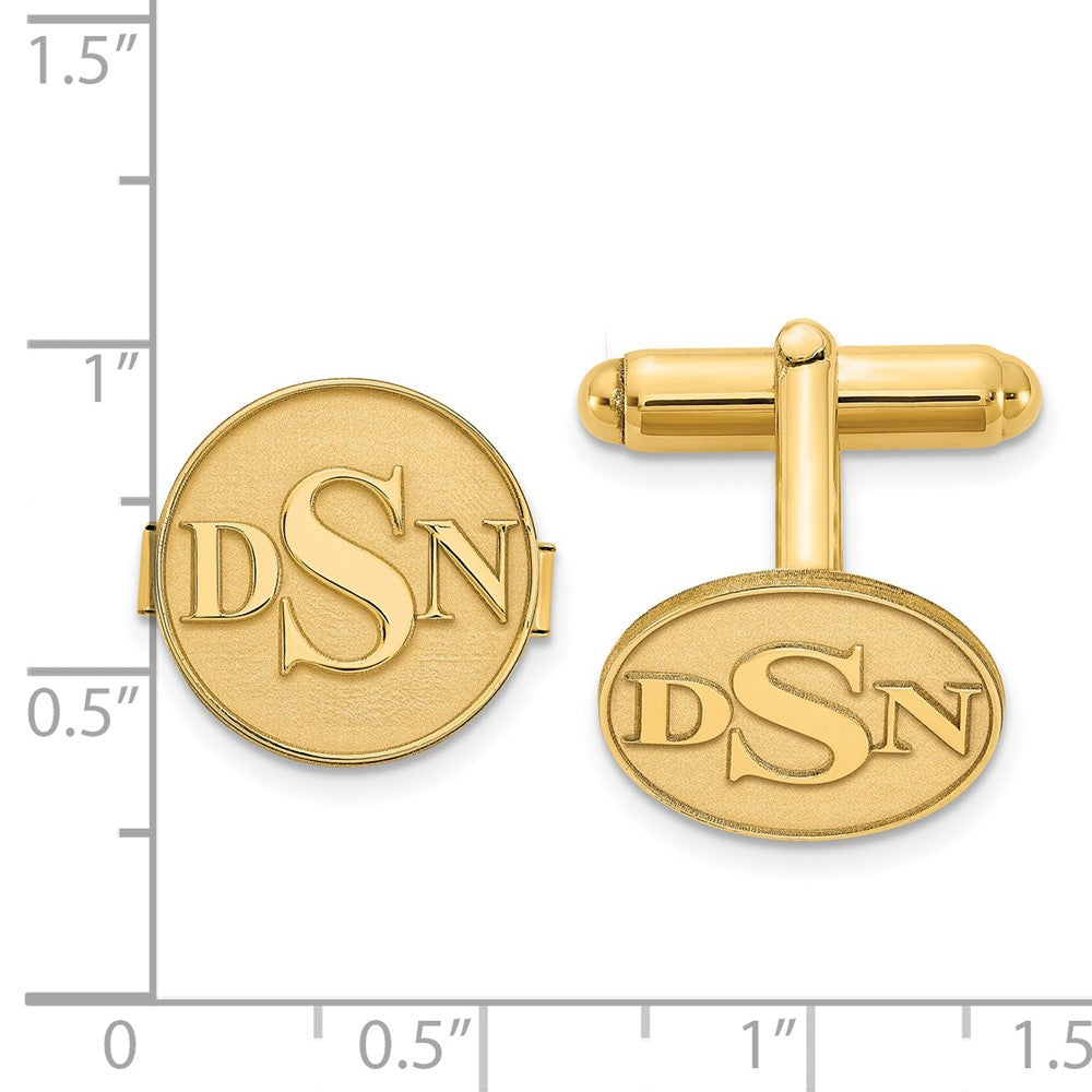 Alternate view of the 14K Yellow Gold Plated Silver Raised Monogram Round Cuff Links, 16mm by The Black Bow Jewelry Co.