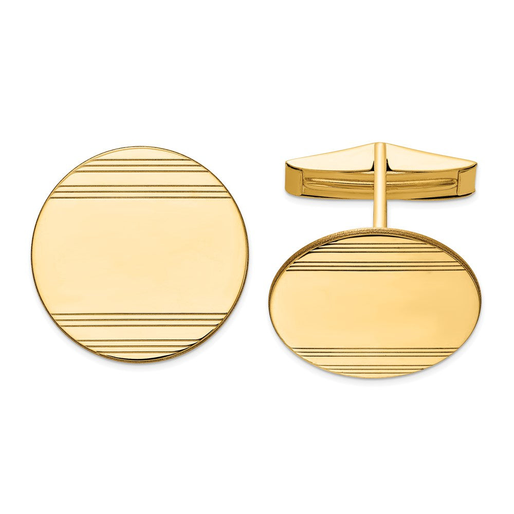 14K Yellow Gold Striped Round Disc Cuff Links, 20mm, Item M11091 by The Black Bow Jewelry Co.