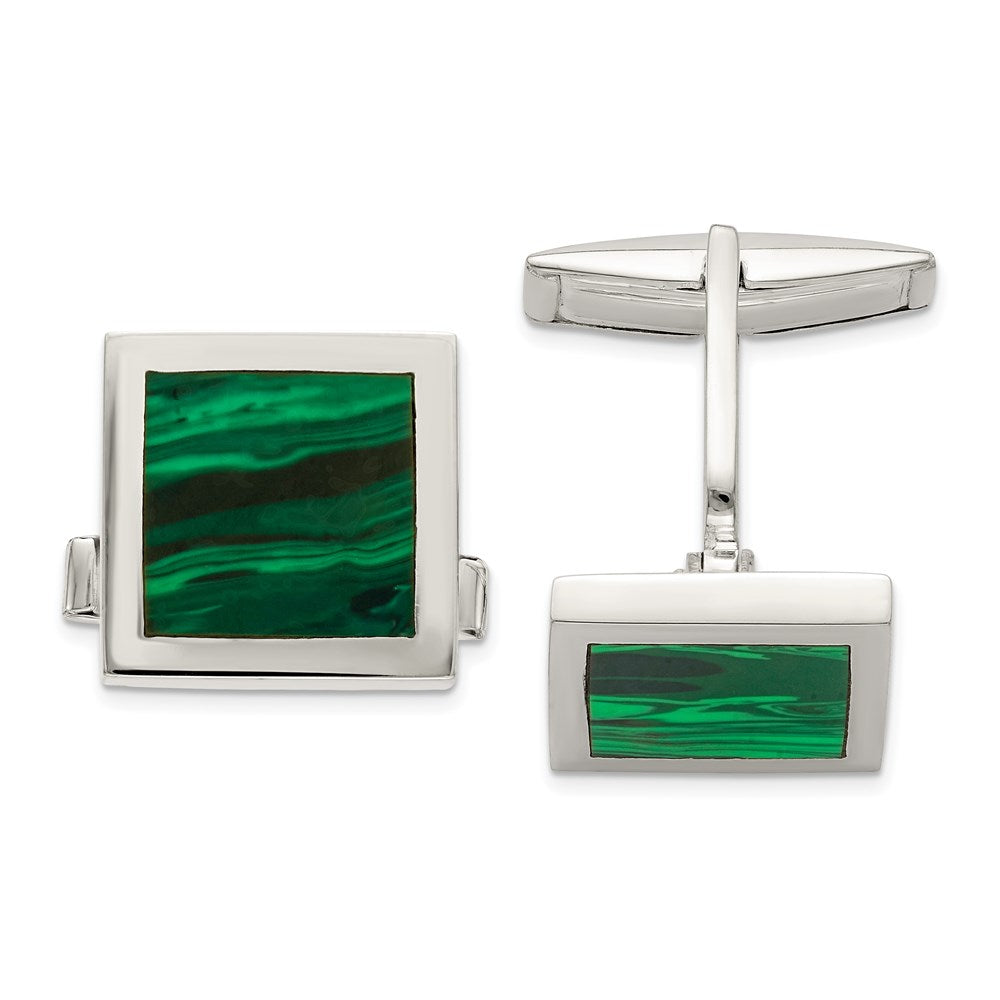 Sterling Silver &amp; Malachite Square Cuff Links, 15mm, Item M11101 by The Black Bow Jewelry Co.
