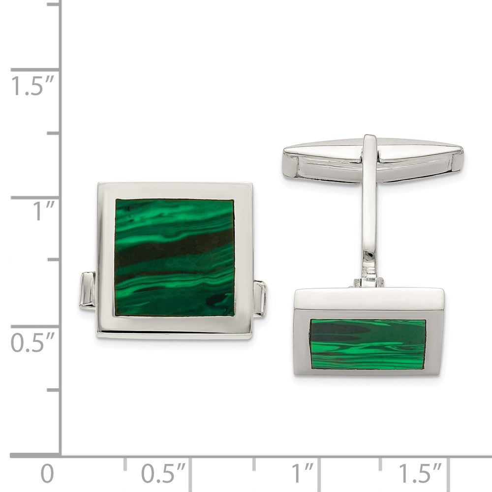 Alternate view of the Sterling Silver &amp; Malachite Square Cuff Links, 15mm by The Black Bow Jewelry Co.