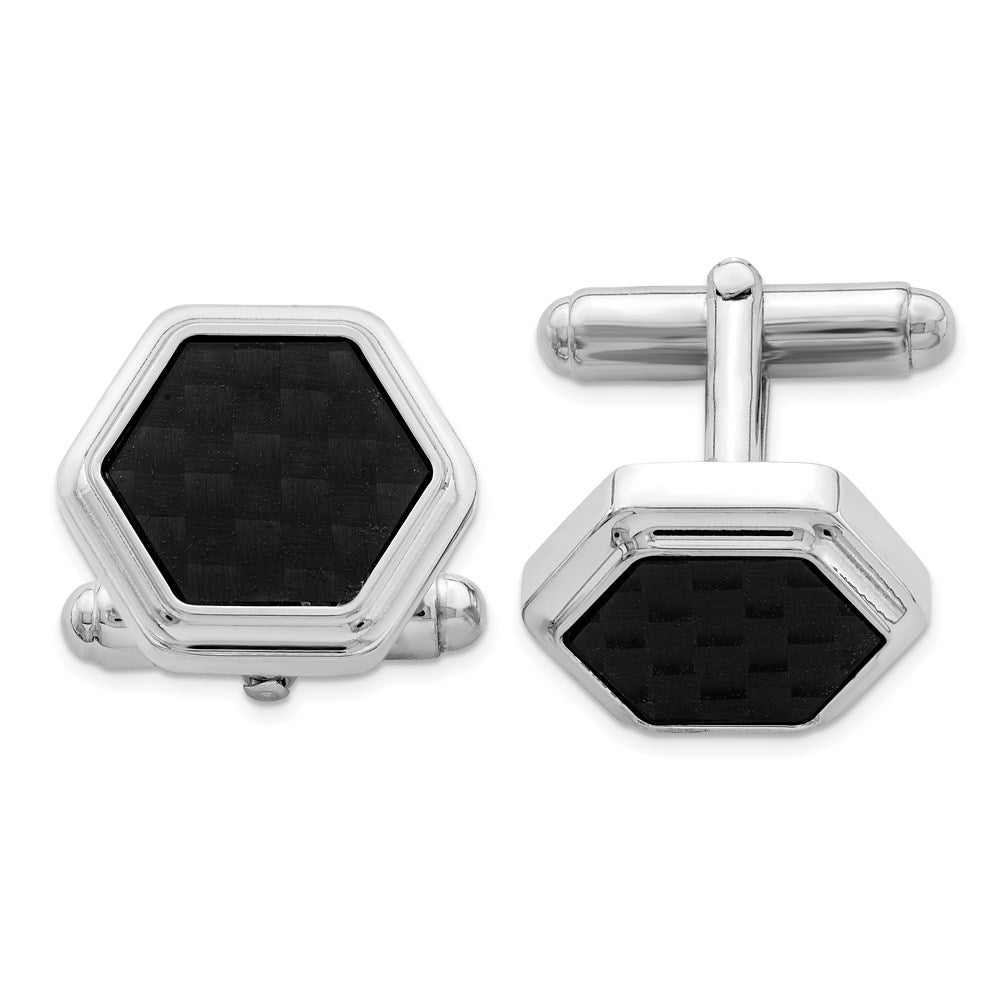 Rhodium Plated Sterling Silver &amp; Black Carbon Fiber Hexagon Cuff Links, Item M11102 by The Black Bow Jewelry Co.