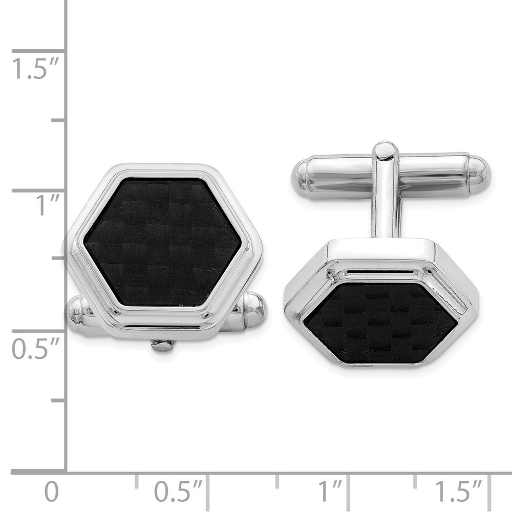 Alternate view of the Rhodium Plated Sterling Silver &amp; Black Carbon Fiber Hexagon Cuff Links by The Black Bow Jewelry Co.