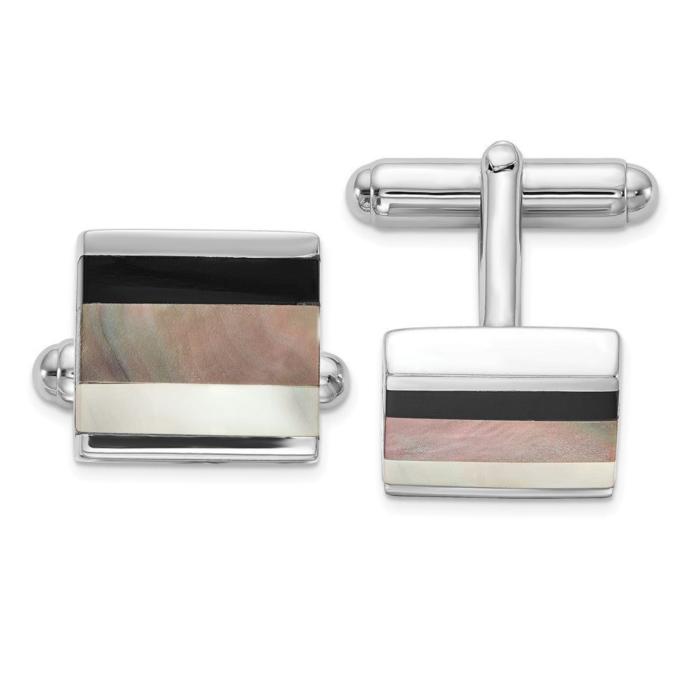 Rhodium Plated Sterling Silver, Onyx &amp; White/Grey MOP Cuff Links, 13mm, Item M11106 by The Black Bow Jewelry Co.