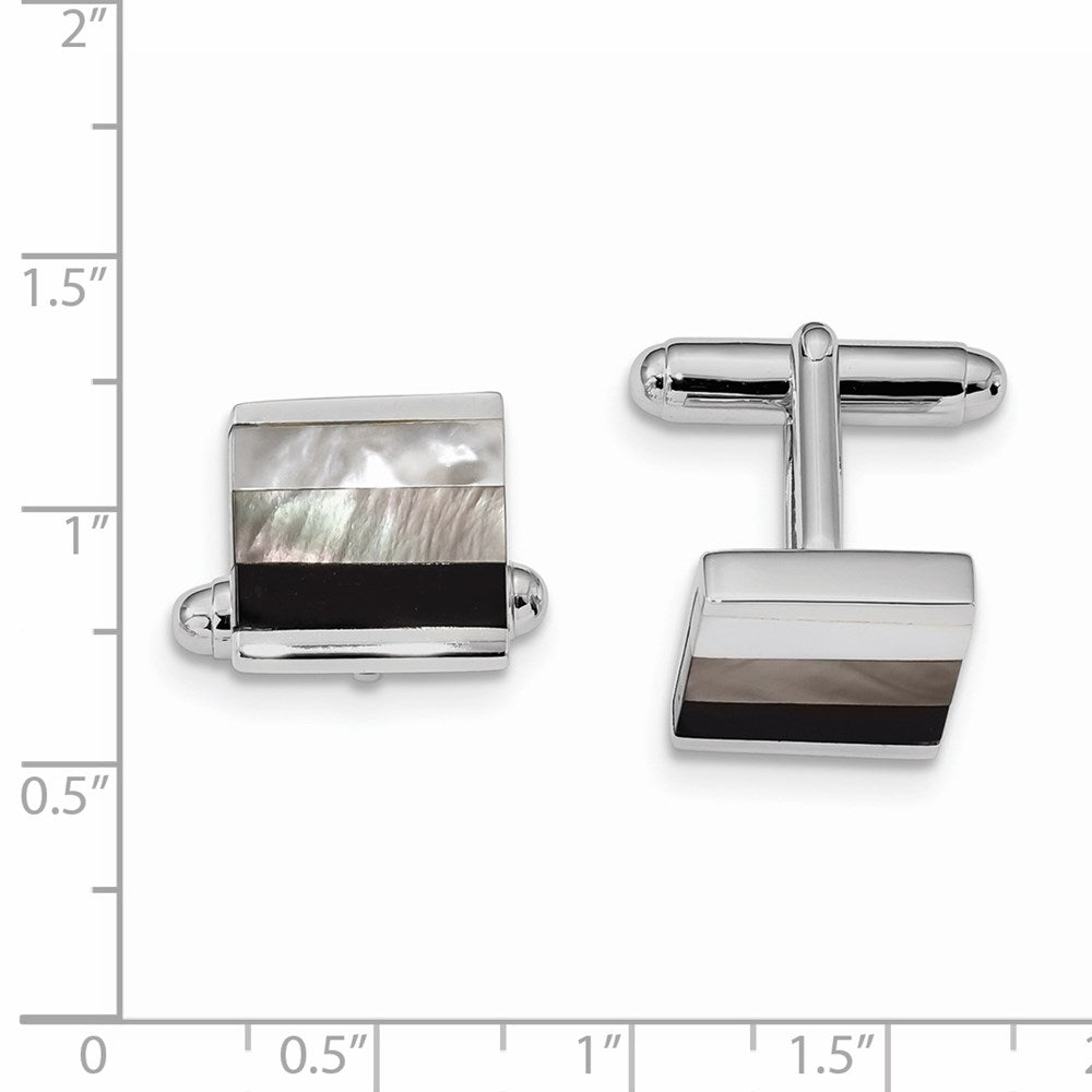 Alternate view of the Rhodium Plated Sterling Silver, Onyx &amp; White/Grey MOP Cuff Links, 13mm by The Black Bow Jewelry Co.