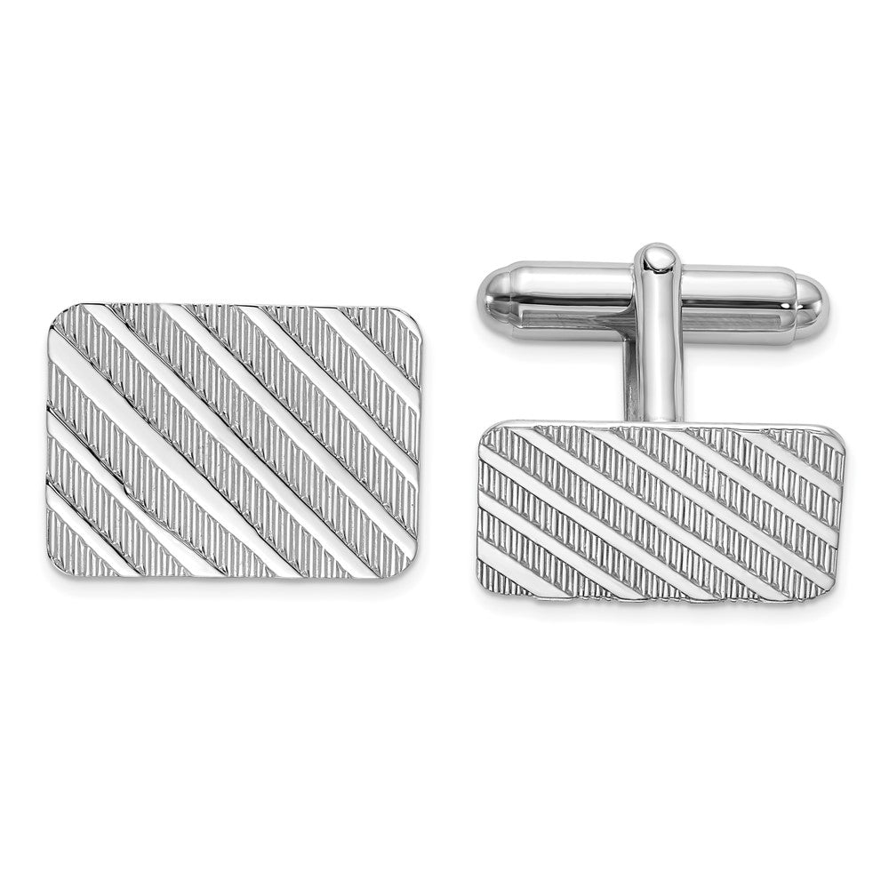 Rhodium Plated Sterling Silver Diagonal Striped Rectangle Cuff Links, Item M11110 by The Black Bow Jewelry Co.