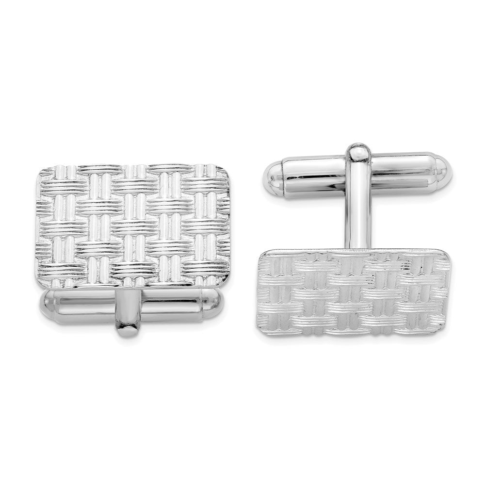Rhodium Plated Sterling Silver Basketweave Rectangle Cuff Links, 20mm, Item M11113 by The Black Bow Jewelry Co.