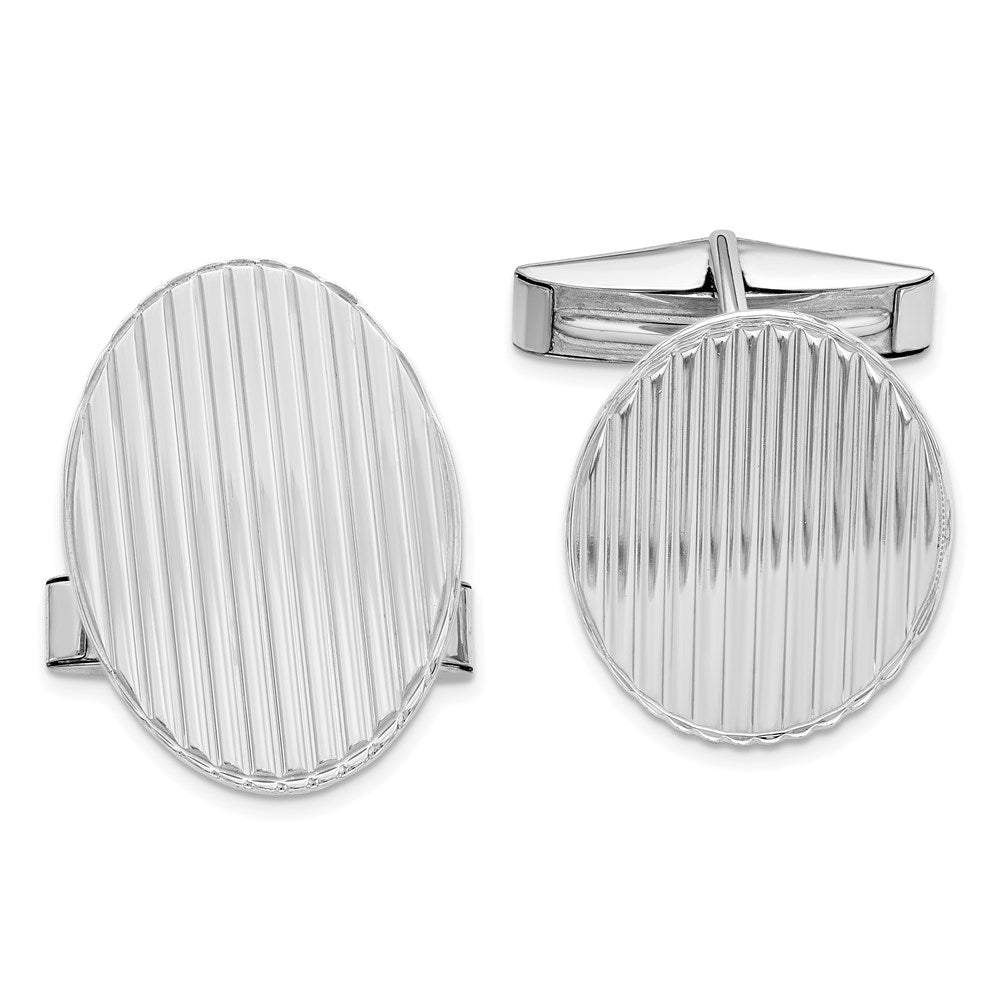 Rhodium Plated Sterling Silver Grooved Striped Oval Cuff Links 16x22mm, Item M11116 by The Black Bow Jewelry Co.