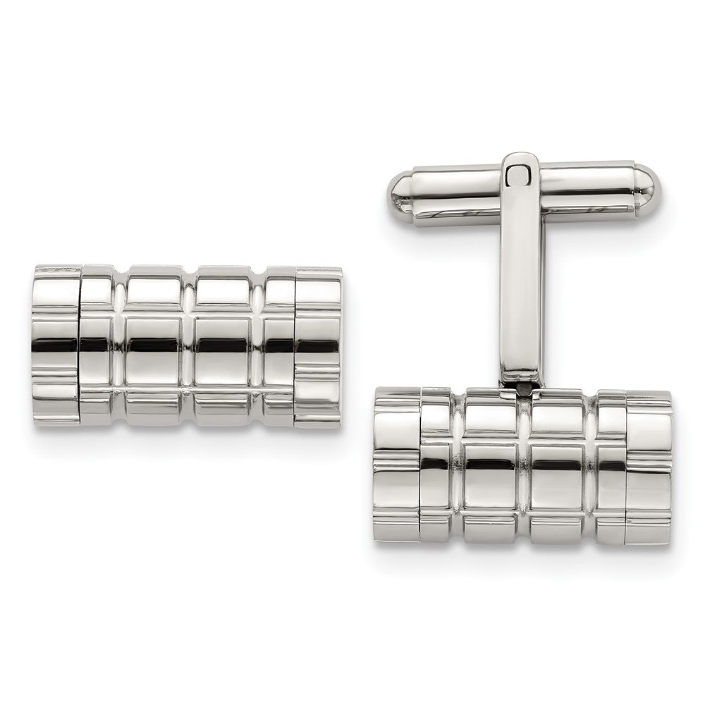 Stainless Steel Polished Grooved Cylinder Cuff Links, 19 x 10mm, Item M11126 by The Black Bow Jewelry Co.