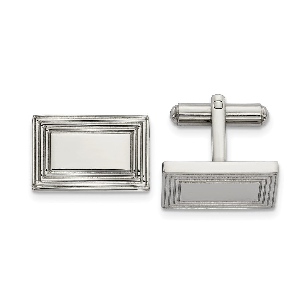 Stainless Steel Grooved Border Rectangle Cuff Links, 19 x 13mm, Item M11127 by The Black Bow Jewelry Co.