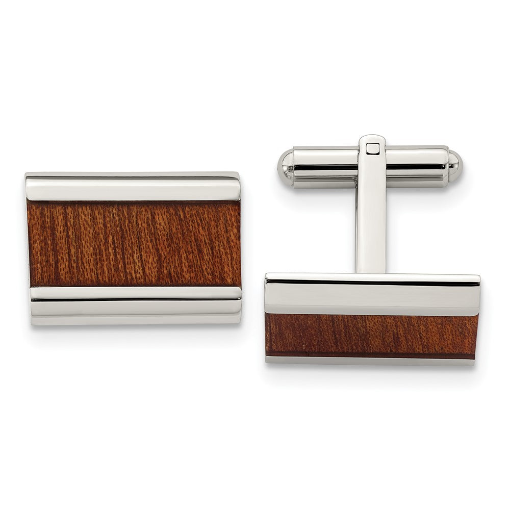 Stainless Steel Brown Koa Wood Inlay Rectangle Cuff Links, 19 x 14mm, Item M11131 by The Black Bow Jewelry Co.