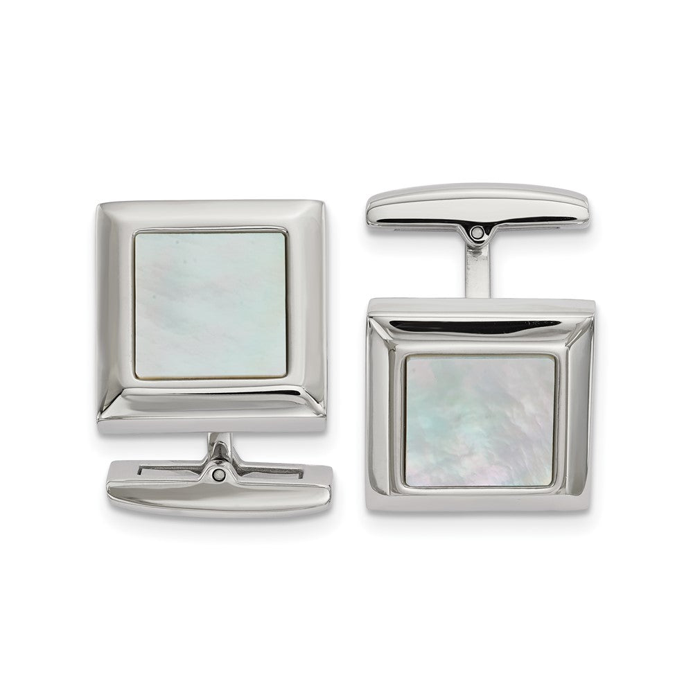 Stainless Steel White Mother of Pearl Square Cuff Links, 17mm (5/8 In), Item M11135 by The Black Bow Jewelry Co.