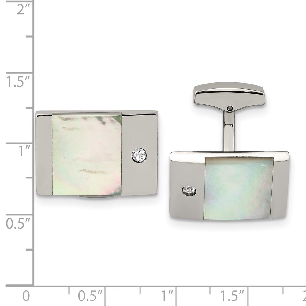 Alternate view of the Stainless Steel, Mother of Pearl &amp; CZ Rectangle Cuff Links, 22 x 14mm by The Black Bow Jewelry Co.