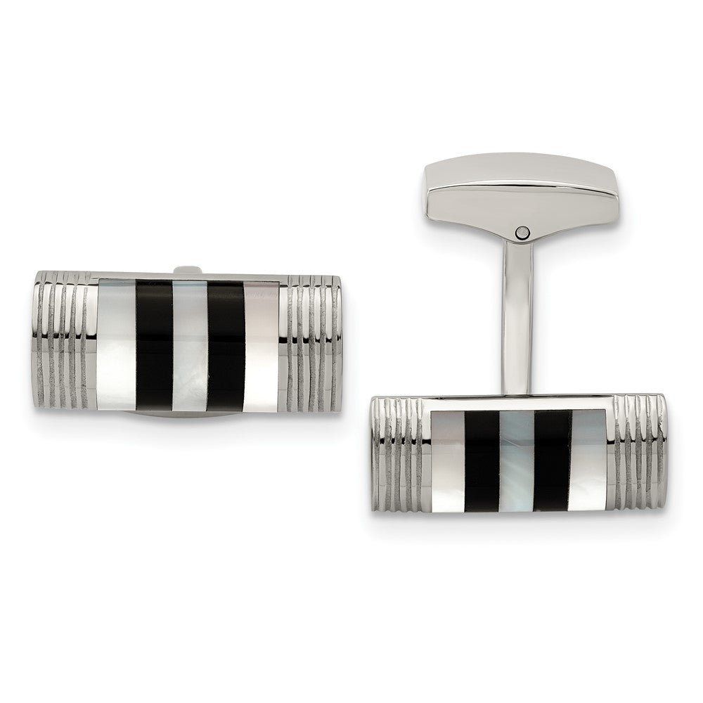 Stainless Steel, Mother of Pearl &amp; Onyx Rectangle Cuff Links, 21 x 9mm, Item M11138 by The Black Bow Jewelry Co.