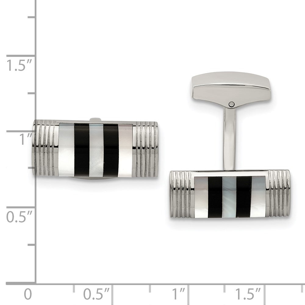 Alternate view of the Stainless Steel, Mother of Pearl &amp; Onyx Rectangle Cuff Links, 21 x 9mm by The Black Bow Jewelry Co.