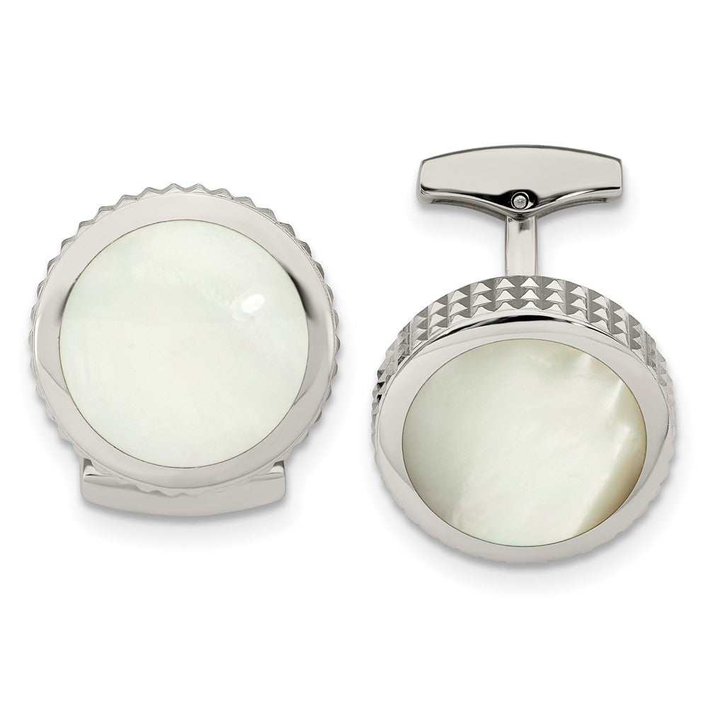 Stainless Steel &amp; Mother of Pearl Studded Round Cuff Links, 19mm, Item M11139 by The Black Bow Jewelry Co.