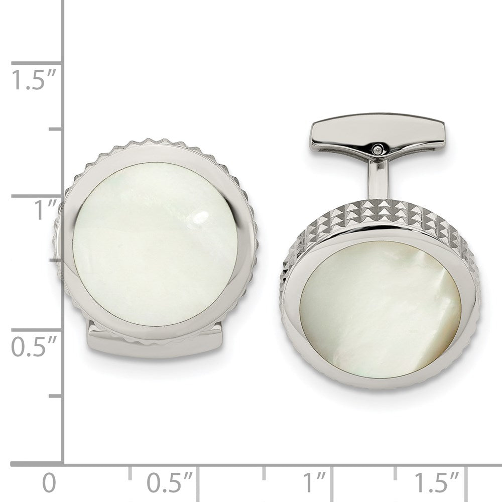 Alternate view of the Stainless Steel &amp; Mother of Pearl Studded Round Cuff Links, 19mm by The Black Bow Jewelry Co.