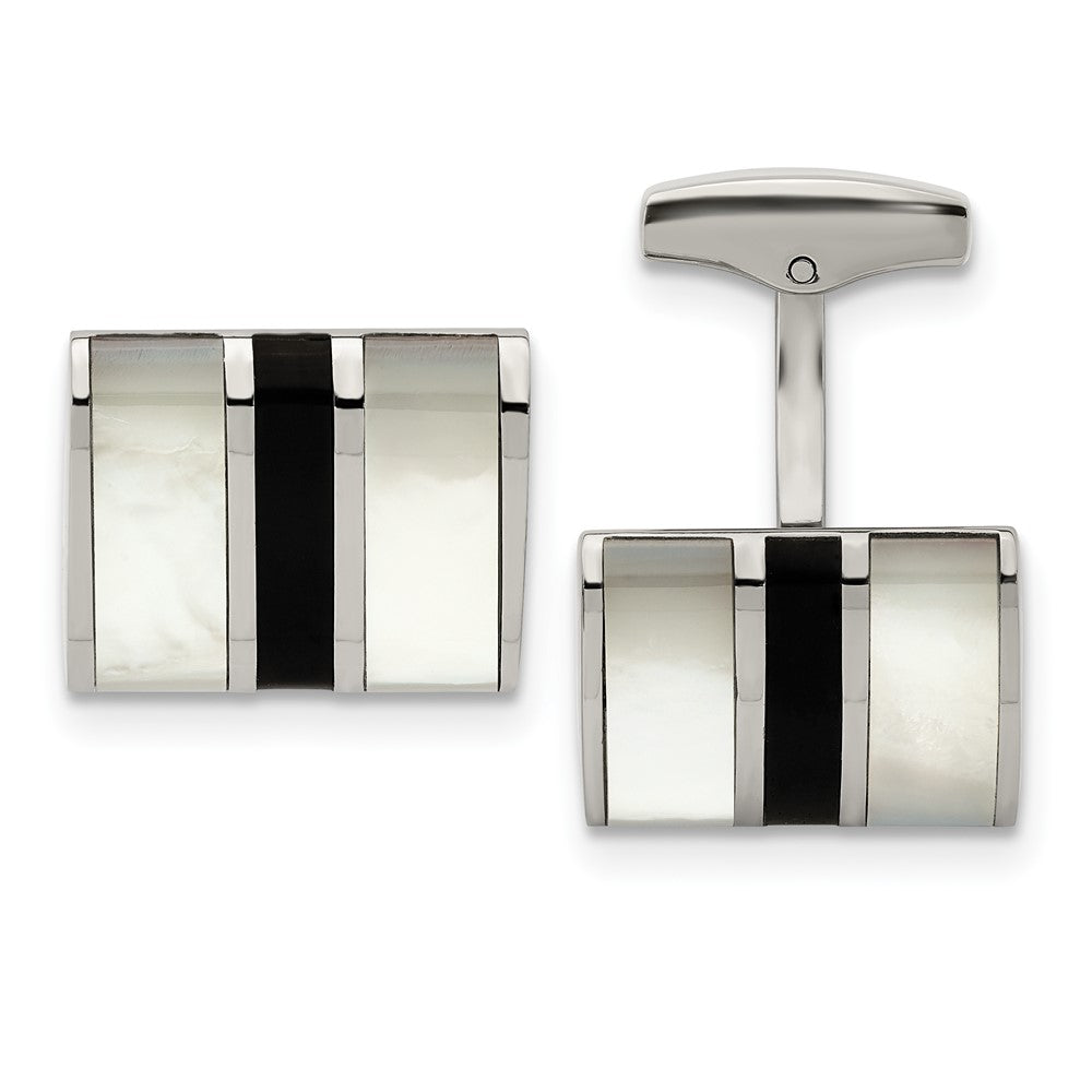 Stainless Steel Mother of Pearl Black Onyx Striped Cuff Links, 18x14mm, Item M11140 by The Black Bow Jewelry Co.