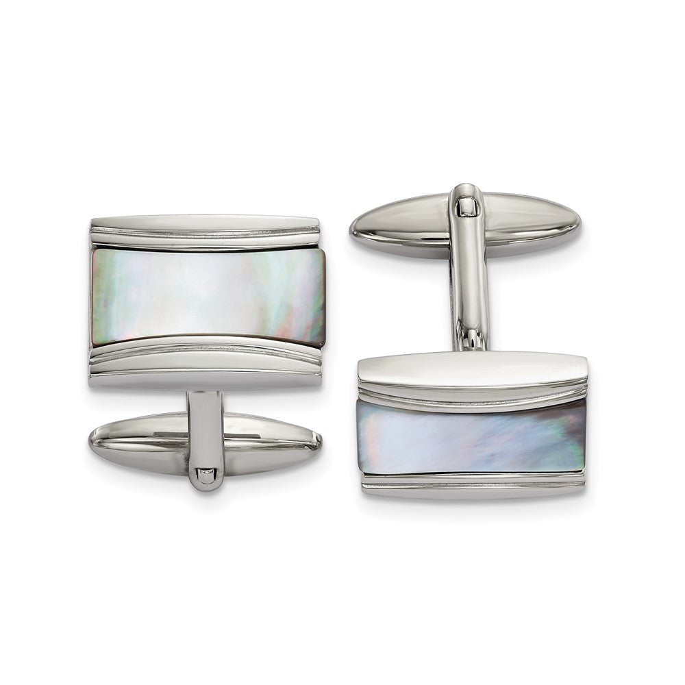 Stainless Steel &amp; White Mother of Pearl Rectangle Cuff Links, 19x13mm, Item M11141 by The Black Bow Jewelry Co.