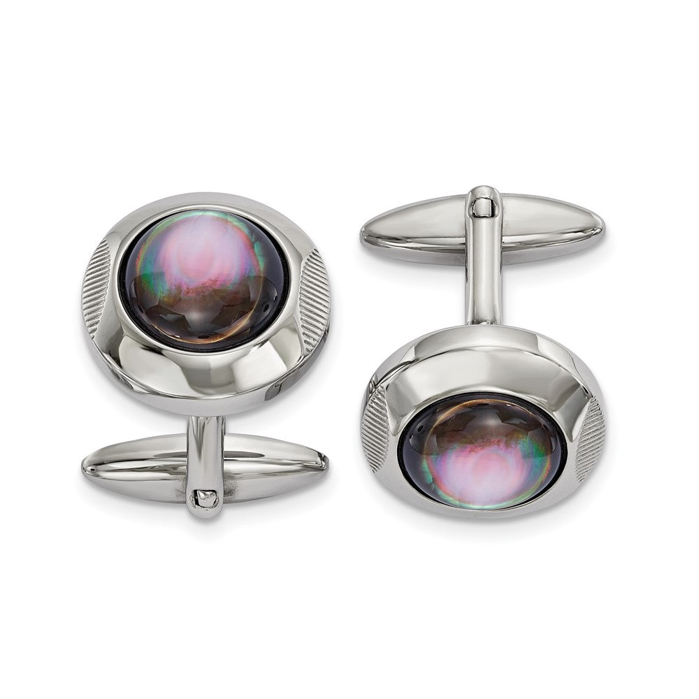 Stainless Steel, Black Mother of Pearl Round Cuff Links, 19mm (3/4 In), Item M11142 by The Black Bow Jewelry Co.