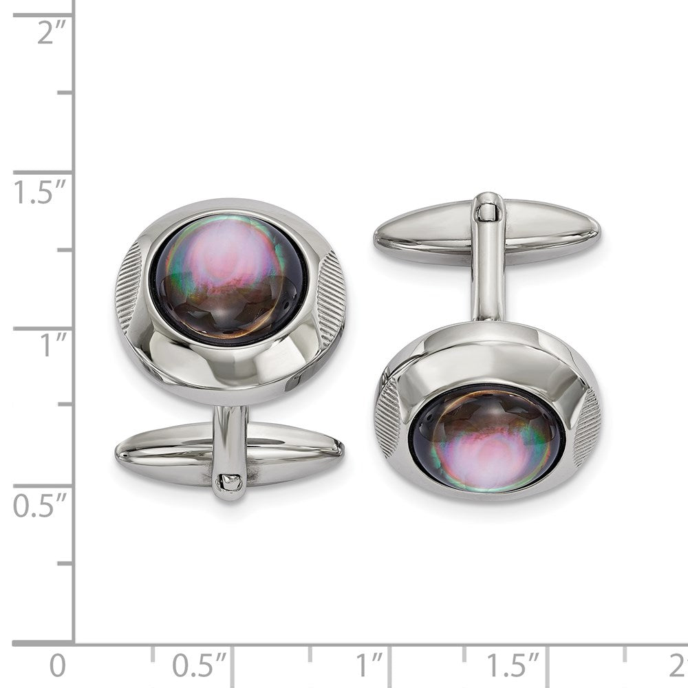 Alternate view of the Stainless Steel, Black Mother of Pearl Round Cuff Links, 19mm (3/4 In) by The Black Bow Jewelry Co.