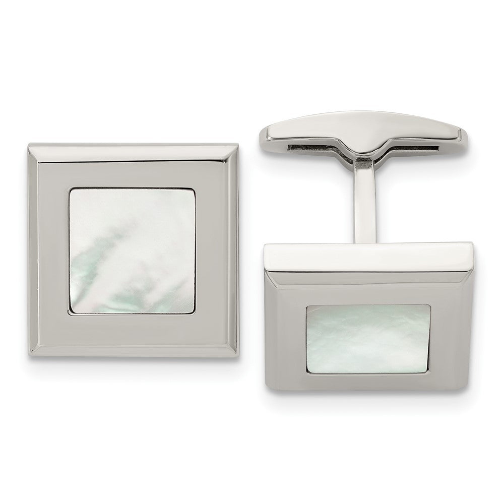 Stainless Steel &amp; White Mother of Pearl Square Cuff Links, 18mm, Item M11143 by The Black Bow Jewelry Co.