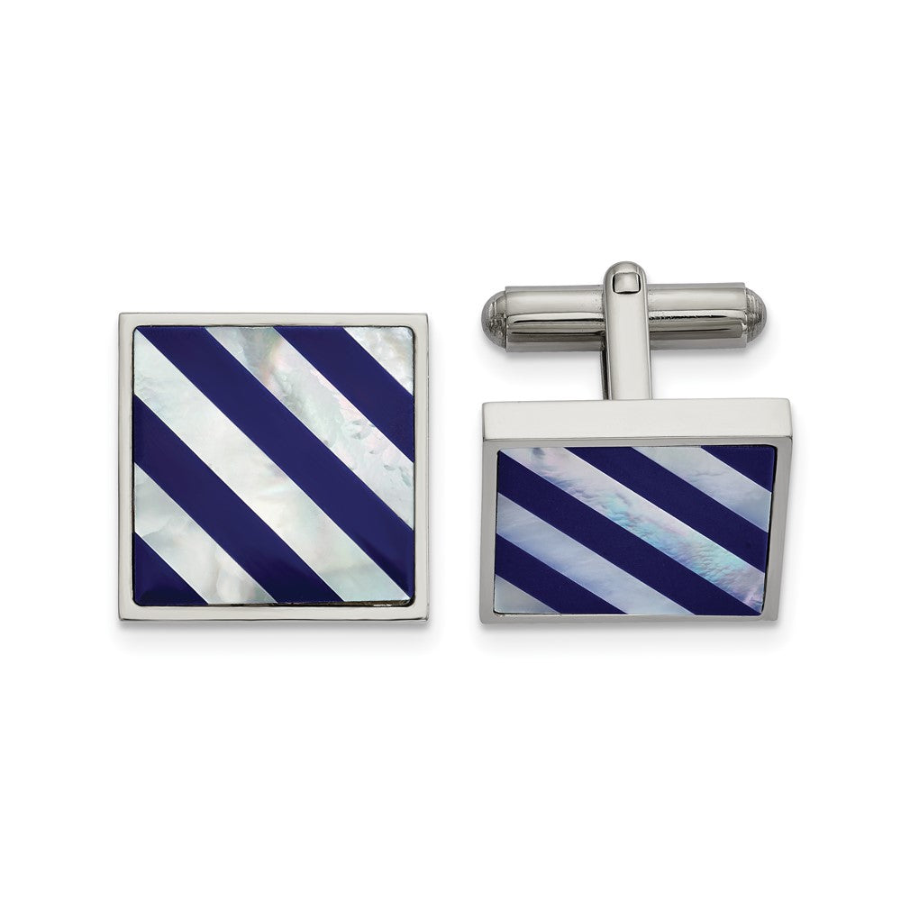 Stainless Steel Mother of Pearl &amp; Blue Shell Square Cuff Links, 18mm, Item M11145 by The Black Bow Jewelry Co.