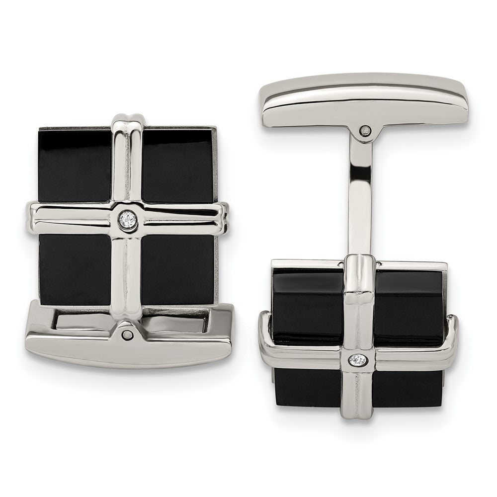 Stainless Steel, Black Plated &amp; CZ Square Cuff Links, 17mm, Item M11146 by The Black Bow Jewelry Co.