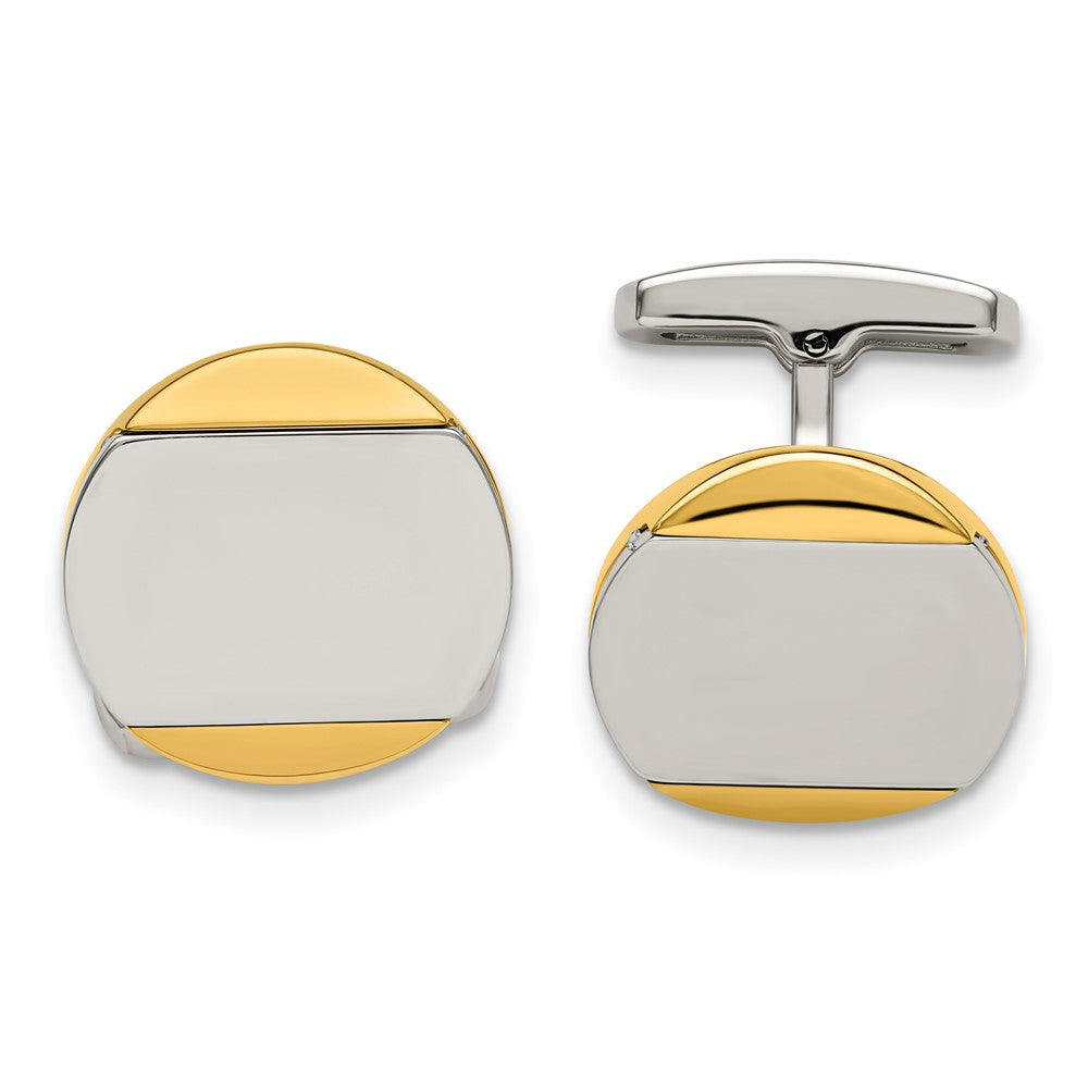 Stainless Steel, Gold Tone Plated &amp; Polished Round Cuff Links, 18mm, Item M11186 by The Black Bow Jewelry Co.