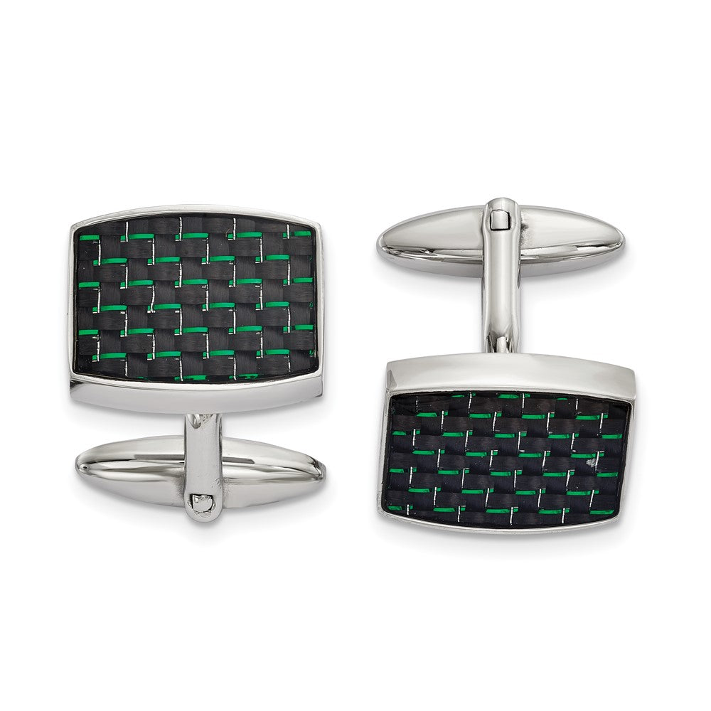 Stainless Steel, Blk &amp; Green Carbon Fiber Rectangle Cuff Links 19x14mm, Item M11193 by The Black Bow Jewelry Co.