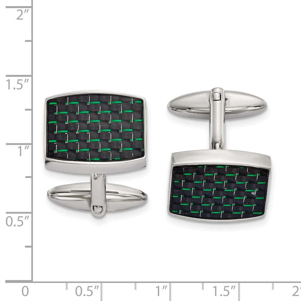 Alternate view of the Stainless Steel, Blk &amp; Green Carbon Fiber Rectangle Cuff Links 19x14mm by The Black Bow Jewelry Co.