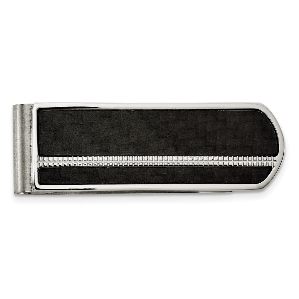 Men&#39;s Stainless Steel &amp; Black Carbon Fiber Fold Over Money Clip, Item M11277 by The Black Bow Jewelry Co.