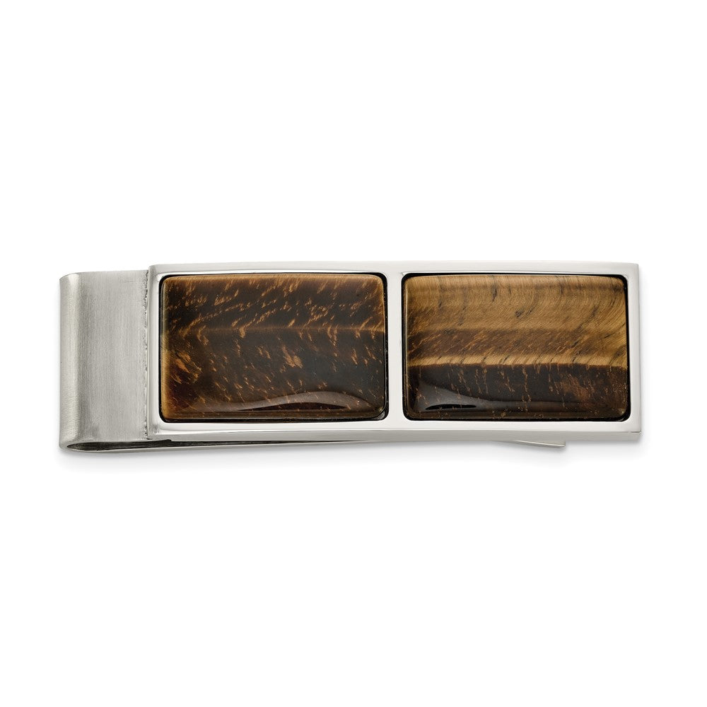 Men&#39;s Stainless Steel Polished Brown Tiger&#39;s Eye Fold Over Money Clip, Item M11283 by The Black Bow Jewelry Co.
