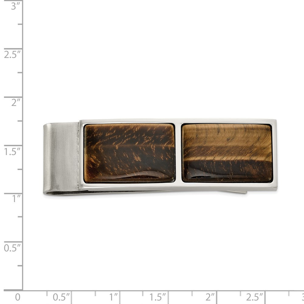 Alternate view of the Men&#39;s Stainless Steel Polished Brown Tiger&#39;s Eye Fold Over Money Clip by The Black Bow Jewelry Co.