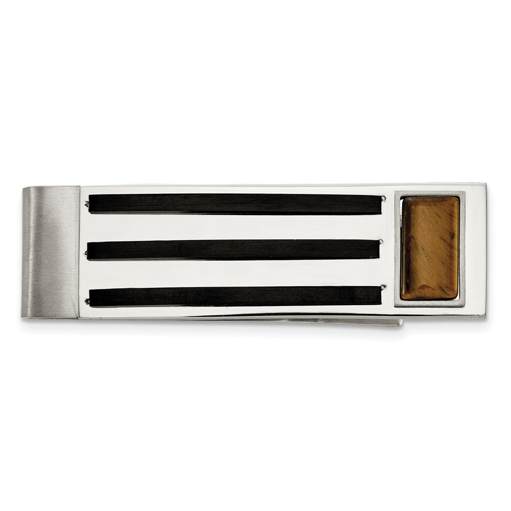 Men&#39;s Stainless Steel, Black Plated &amp; Tiger&#39;s Eye Fold Over Money Clip, Item M11284 by The Black Bow Jewelry Co.