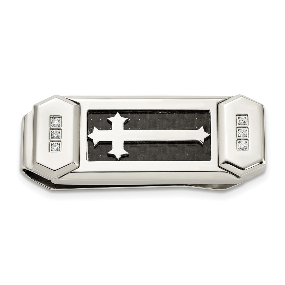 Stainless Steel, CZ &amp; Black Carbon Fiber Cross Fold Over Money Clip, Item M11285 by The Black Bow Jewelry Co.