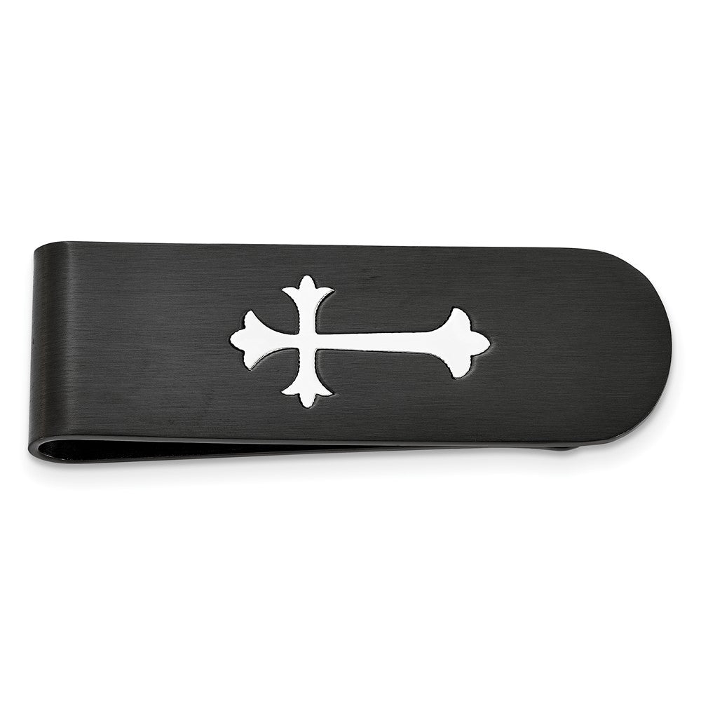 Black Plated Stainless Steel Fleur de Lis Cross Fold Over Money Clip, Item M11286 by The Black Bow Jewelry Co.