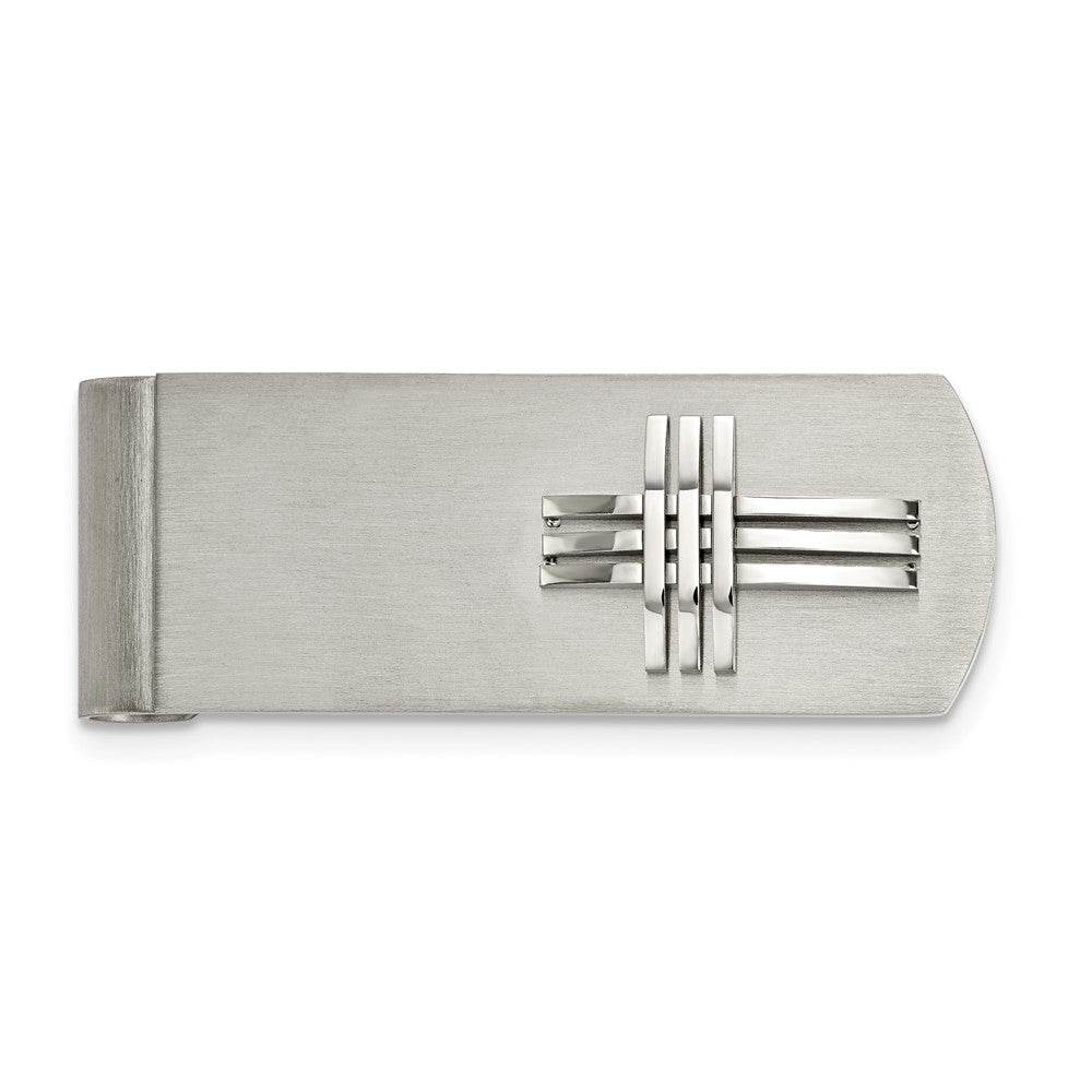 Men&#39;s Stainless Steel Triple Bar Cross Spring Loaded Money Clip, Item M11293 by The Black Bow Jewelry Co.