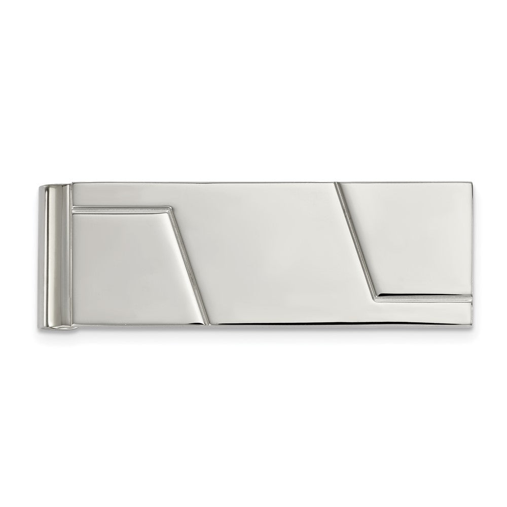 Men&#39;s Stainless Steel Polished Grooved Spring Loaded Money Clip, Item M11294 by The Black Bow Jewelry Co.