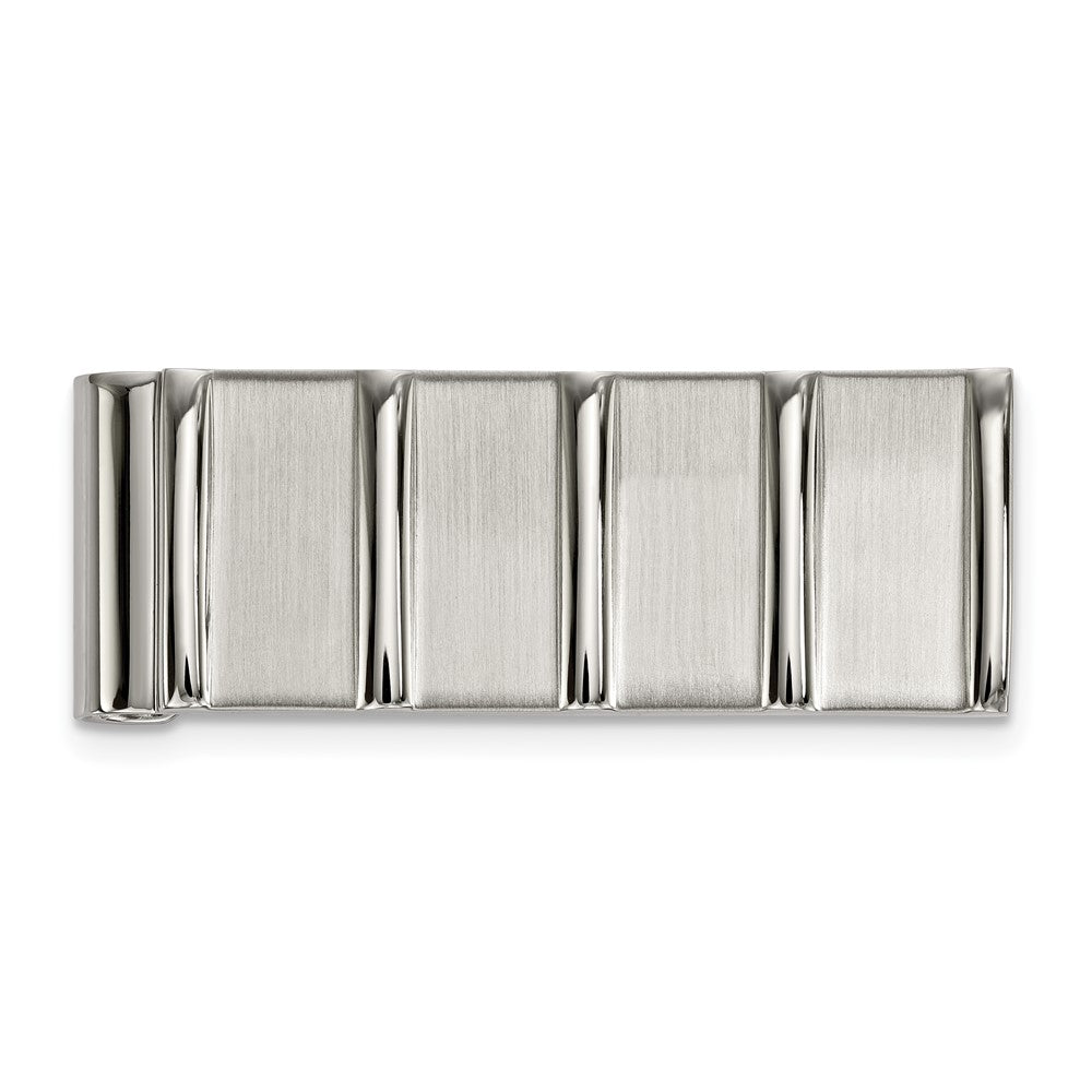 Stainless Steel Brushed and Polished Striped Spring Loaded Money Clip, Item M11295 by The Black Bow Jewelry Co.