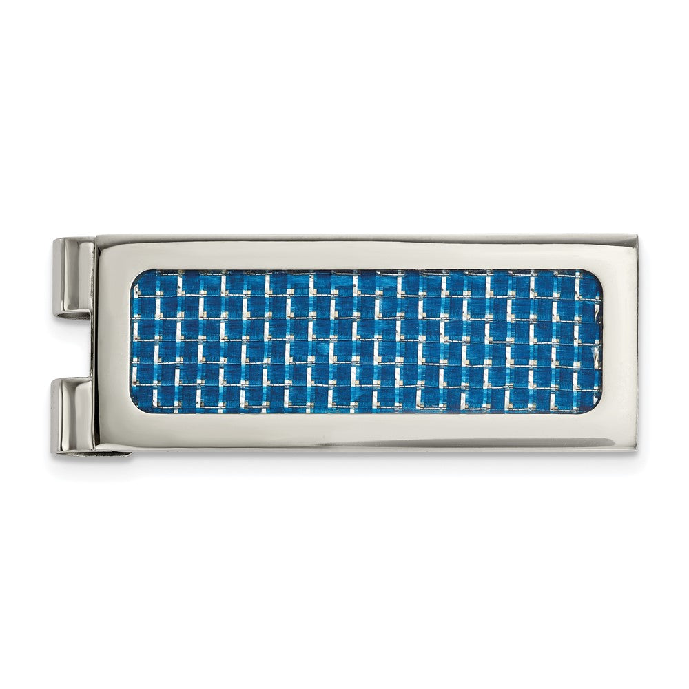 Men&#39;s Stainless Steel &amp; Blue Carbon Fiber Spring Loaded Money Clip, Item M11296 by The Black Bow Jewelry Co.