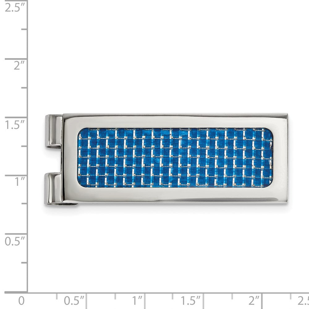 Alternate view of the Men&#39;s Stainless Steel &amp; Blue Carbon Fiber Spring Loaded Money Clip by The Black Bow Jewelry Co.