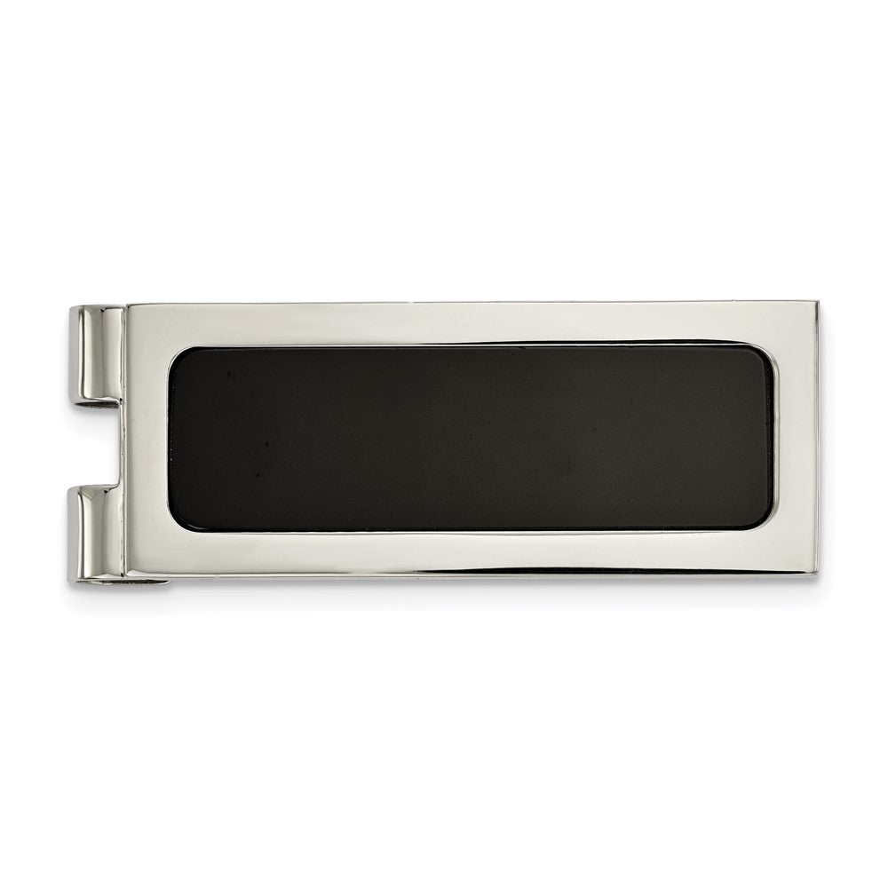 Men&#39;s Stainless Steel &amp; Black Agate Inlay Spring Loaded Money Clip, Item M11299 by The Black Bow Jewelry Co.