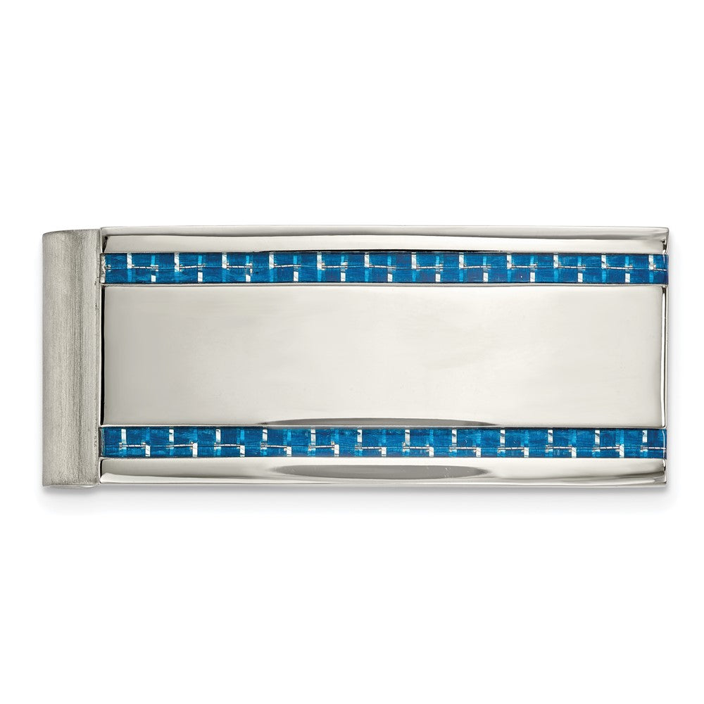 Stainless Steel &amp; Blue Carbon Fiber Striped Spring Loaded Money Clip, Item M11300 by The Black Bow Jewelry Co.
