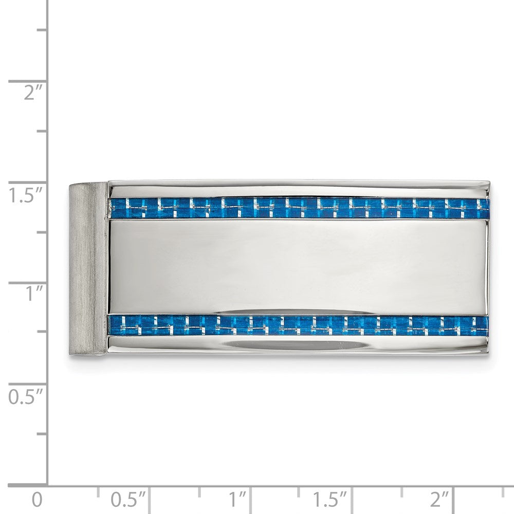 Alternate view of the Stainless Steel &amp; Blue Carbon Fiber Striped Spring Loaded Money Clip by The Black Bow Jewelry Co.