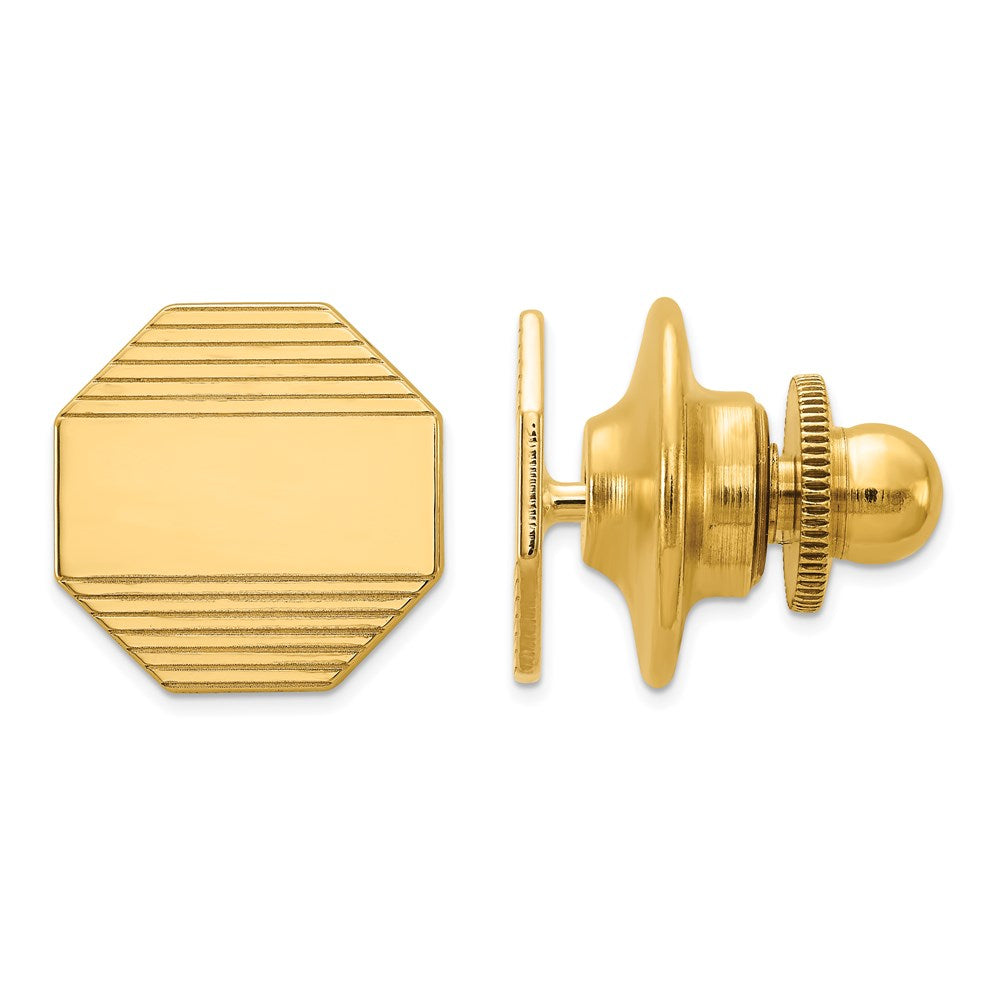 14K Yellow Gold Small Grooved Striped Octagon Lapel or Tie Pin, 10mm, Item M11354 by The Black Bow Jewelry Co.