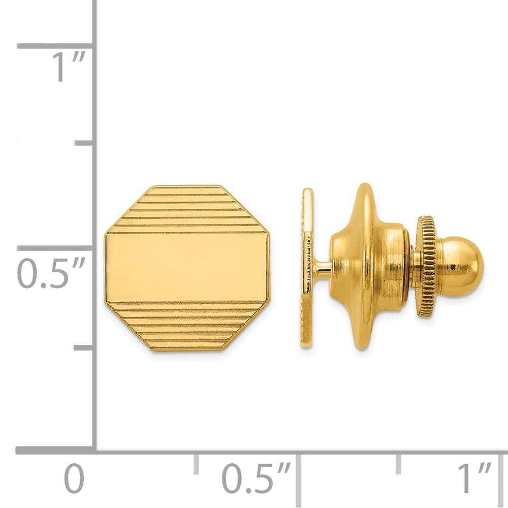Alternate view of the 14K Yellow Gold Small Grooved Striped Octagon Lapel or Tie Pin, 10mm by The Black Bow Jewelry Co.